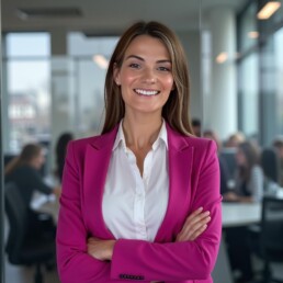 Sarah Morgan in a Pink Jacket and White button-up top